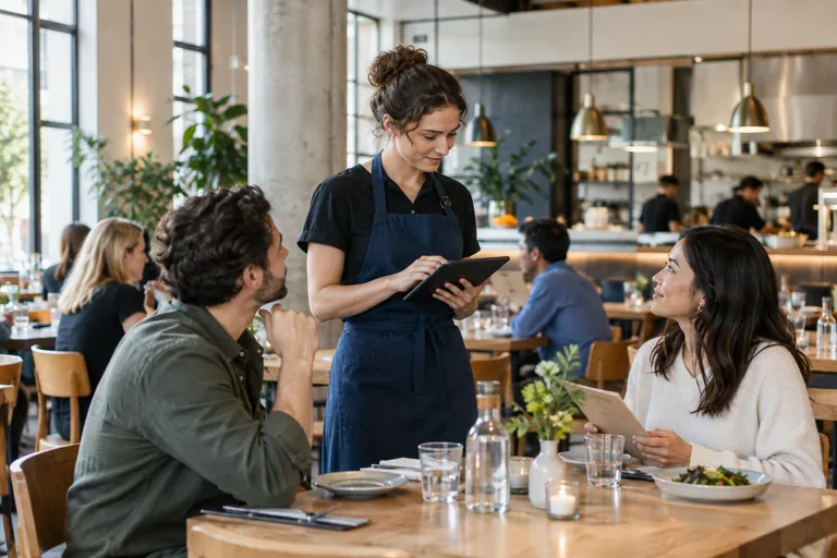 Mesera tomando un pedido con una tableta mientras atiende a dos comensales en un restaurante.
